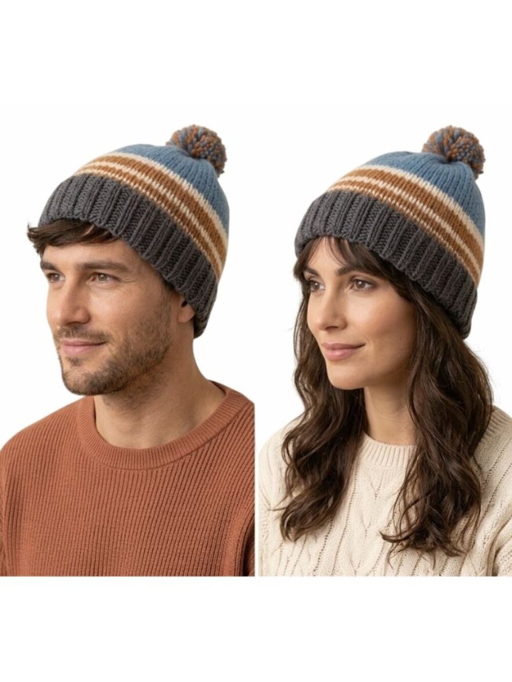 ⭐Handmade Chunky Knit Striped Pom Pom Beanie Hat Adult Unisex Blue Brown OS New⭐
